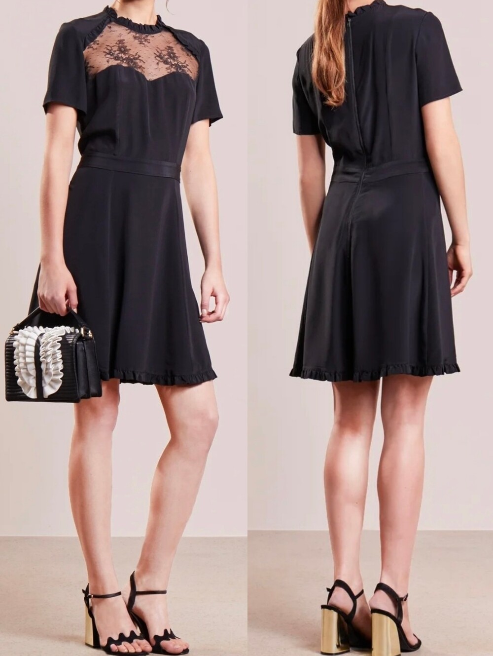 THE KOOPLES Black Silk Tafetta Lace Mini Preppy Dress